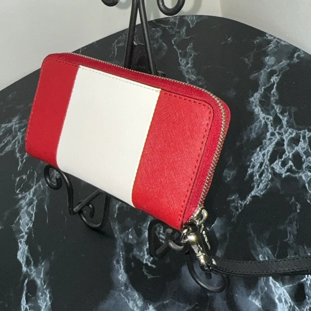 Michael Kors Large Wallet Wristlet Clutch Leather Zip Red White AUTHENTIC - Picture 6 of 9